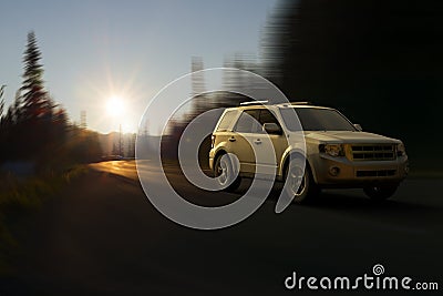 A SUV on motion at Mount Rainier National Park, Washington State, United States Stock Photo