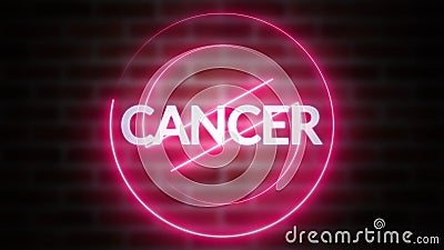 3D rendering of text CANCER against the background of brick, computer generated wireframe symbol stop with glowing laser Stock Photo