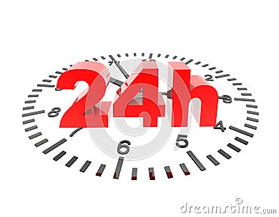 3D rendering of a text `24h` on a clock on a white background Stock Photo