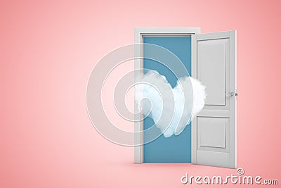 3d rendering of thin heart-shaped cloud flying out from open doorway on pink gradient copyspace background. Stock Photo