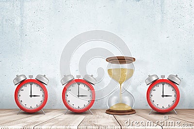 3d rendering of three alarm clocks and one sandglass on white wooden floor with white wall background Stock Photo