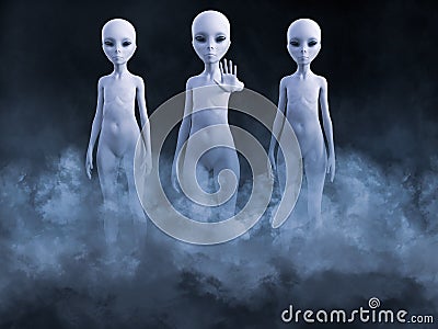 3D rendering of three aliens appearing in smoke Stock Photo