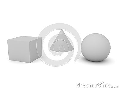 3D Rendering of three basic geometric shapes, a cone, a cube and a sphere Stock Photo