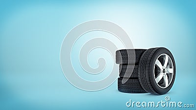 3d rendering of a three car tires stacked on each other and a forth tire leaning on them on blue background. Stock Photo