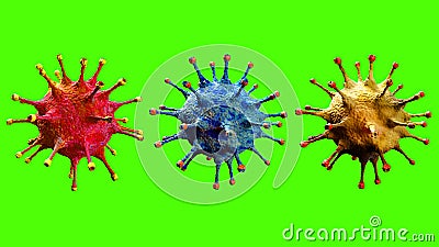 3D rendering, three coronavirus cells red,blue,yellow coronavirus cells covid-19 influenza flowing on background with chroma key Stock Photo