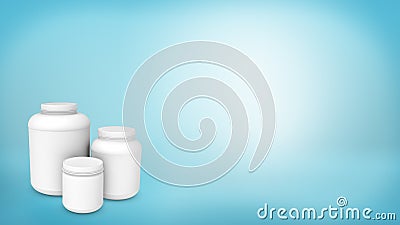 3d rendering of a three differently sized white plastic cans without labels on blue background. Stock Photo