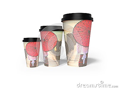 3D rendering of three disposable cups for different drink capacities on white background with shadow Stock Photo