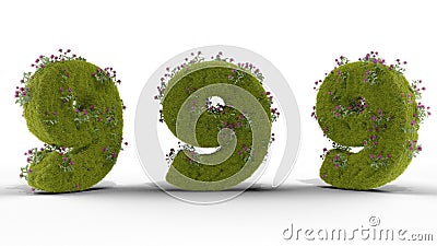 3D rendering of three green numbers nine, decorated with grass and flowers on a white background Stock Photo