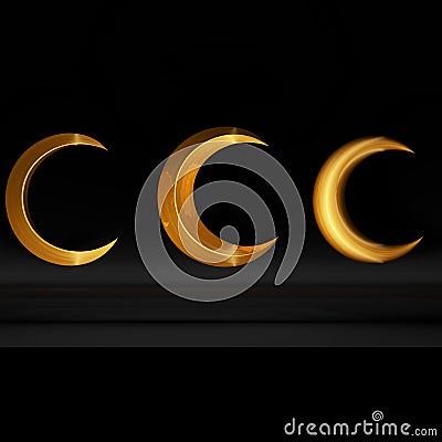 3D Rendering of Three Hanging Golden Crescent Moons Stock Photo