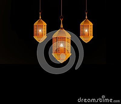 3D Rendering of Three Hanging Golden Lanterns Stock Photo