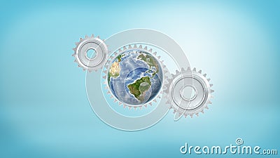 3d rendering of a three metal gears interlocked together where one gear has an Earth globe inside it. Stock Photo
