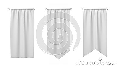 3d rendering of three rectangular white flags hanging vertically on a white background. Stock Photo