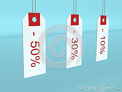 3D rendering. Three sales labels indicating the amount of discounts on a blue background Stock Photo