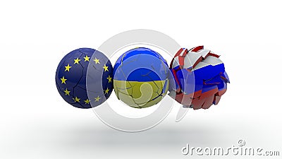 3D rendering of three spheres, Europe, Ukraine and Russia. Ukraine is crushed between the two countries. The idea of economic and Stock Photo