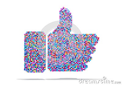 3D rendering thumbs up icon colorful cube pixel, isolated on white background. Patch inside for cubes isolated. Stock Photo