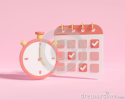 3d rendering time management working calendar and clock. business schedule planning. check marking and deadline notification. 3d Cartoon Illustration