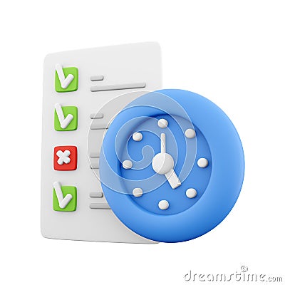 3d rendering timing concept with clock and check list on clipboard icon, 3d render clipboard with complete checklist Stock Photo