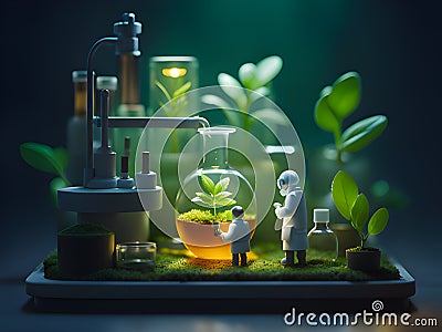 3d rendering. a tiny person standing in a lab and holding a plant inside the tube Stock Photo