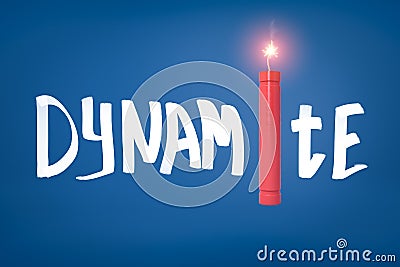 3d rendering of the title `DYNAMITE` with a lit dynamite stick instead of the letter I. Stock Photo