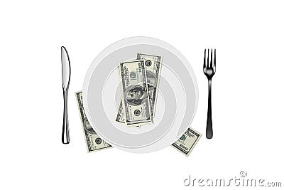 Blank White Plate and Fork, Spoon, Knife with Dollar Banknotes on White Editorial Stock Photo