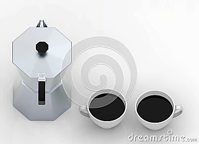 3d rendering. top view of two black coffee cups and coffee maker pot with copy space Stock Photo