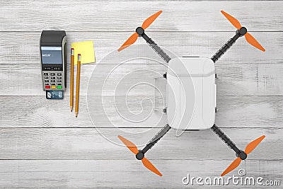 3d rendering top view of white drone with sticky notes, pencils and pin pad on white wooden desk background Stock Photo