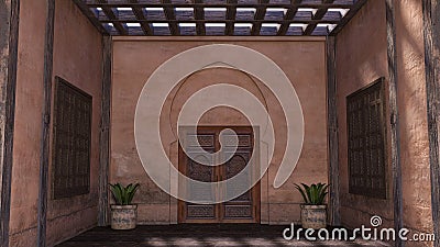 3D rendering of an traditional Arabic home facade with a front door in Morocco Stock Photo