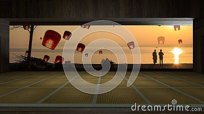 The 3d rendering traditional Japanese room open to view of beautiful colorful view Stock Photo