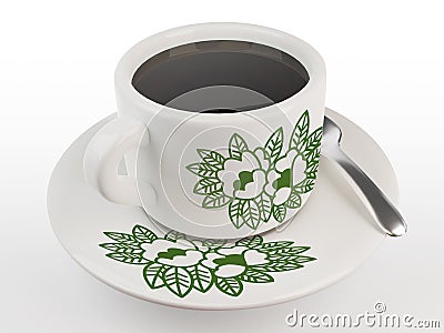 3d rendering traditional Malaysian authentic black coffee Kopi O. Vintage floral pattern cup and plate set with tea spoon. Cartoon Illustration