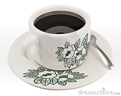 3d rendering traditional Malaysian and Singapore authentic black coffee Kopi O. Vintage floral pattern cup and plate set with tea Cartoon Illustration