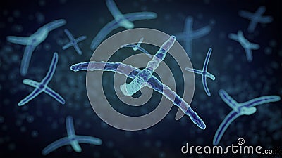 3d rendering - transparent light blue x-shaped virus among other infected bacteria Stock Photo