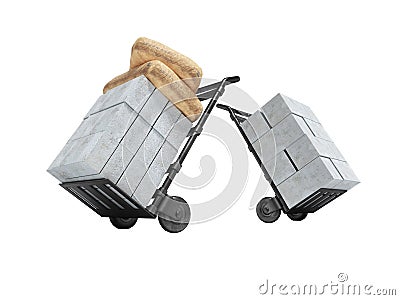 3D rendering transportation of building blocks and bags on two wheeled trolley on white background no shadow Stock Photo