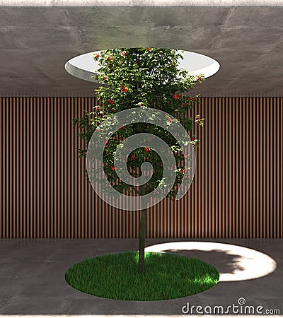 3d rendering of a tree running through a circular hole in the ceiling Stock Photo