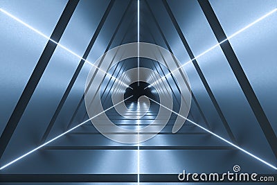 3d rendering, triangle tunnel with glowing lines background Cartoon Illustration