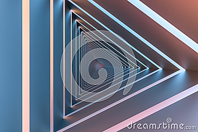 3d rendering, triangle tunnel with glowing lines background Cartoon Illustration