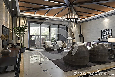 3d rendering tropical style resort suite living reception and lounge Stock Photo