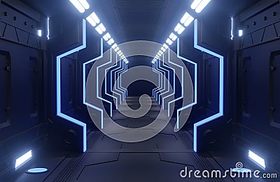 3D rendering tunnel Spaceship black and blue interior ,corridor Stock Photo