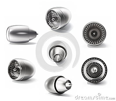 3d rendering turbines set, jet engine set isolated on white background. Technology aircraft, engine power, blade and fan Stock Photo