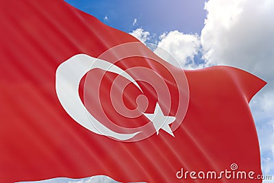 3D rendering of Turkey flag waving on blue sky background Stock Photo