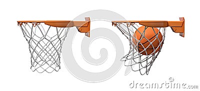 3d rendering of two basketball nets with orange hoops, one empty and one with a ball falling inside. Stock Photo