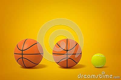 3d rendering of two basketballs and one tennis ball in row on amber background. Stock Photo