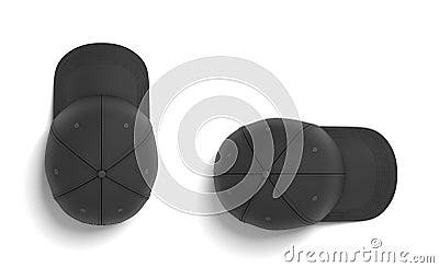 3d rendering of two black baseball caps lying on a white background horizontally and vertically in a top view. Stock Photo