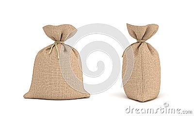 3d rendering of two canvas sacks tied with a rope, one sack in front view and another in side view. Stock Photo