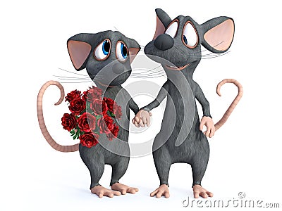 3D rendering of two cartoon mice dating Stock Photo