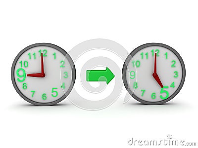3D Rendering of two clocks linked by green arrow - nine to five routine Stock Photo