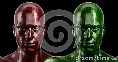 3d rendering. Two faceted red and green android heads looking front on camera Stock Photo