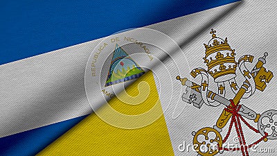 3D Rendering of two flags from Republic of Nicaragua and Vatican City State together with fabric texture, bilateral relations, Stock Photo