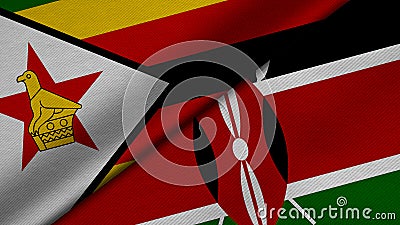 3D Rendering of two flags from Republic of Zimbabwe and Republic of Kenya together with fabric texture, bilateral relations, peace Stock Photo