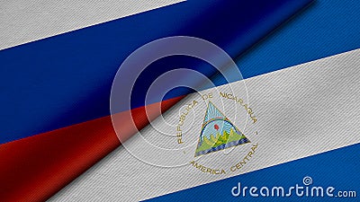 3D Rendering of two flags from Russian Federation and Republic of Nicaragua together with fabric texture, bilateral relations, Stock Photo