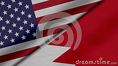 3D Rendering of two flags from United States of America and Kingdom of Bahrain together with fabric texture, bilateral relations, Stock Photo